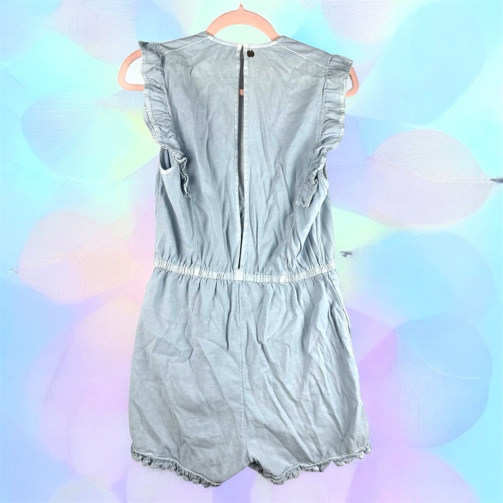 Billabong Light Blue Denim Romper with Ruffled Sleeves and V-Neckline Large - Picture 2 of 7